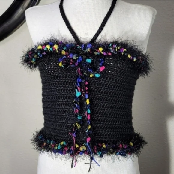 HANDCRAFTED Top Corsetted Cropped Crochet Black Size M - Picture 8 of 13